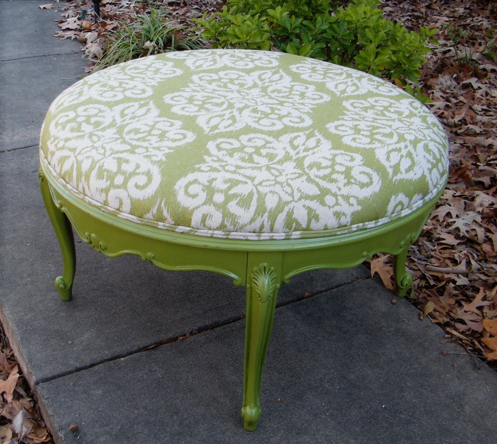 Ottoman Large French Vintage Upcycled in Moss Ikat Medallion