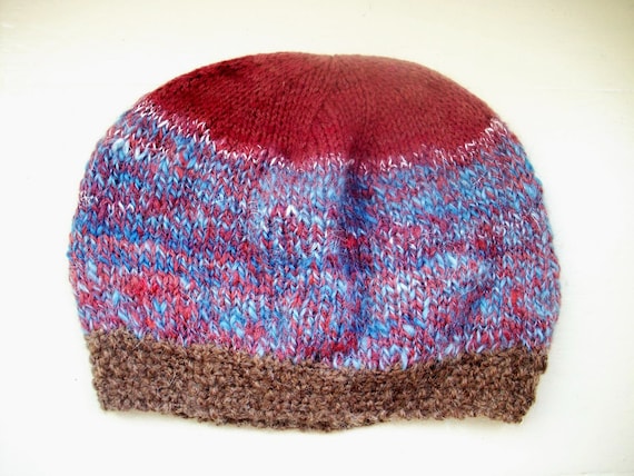 Contemporary colours handspun hand dyed hand knitted unisex wool and silk beanie hat