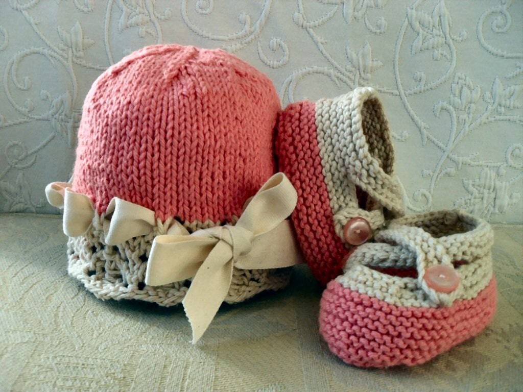 CHOOSE YOUR COLORS -  Cotton Hand Knitted Ivory Lace Cloche with Matching  Cross-strapped Booties