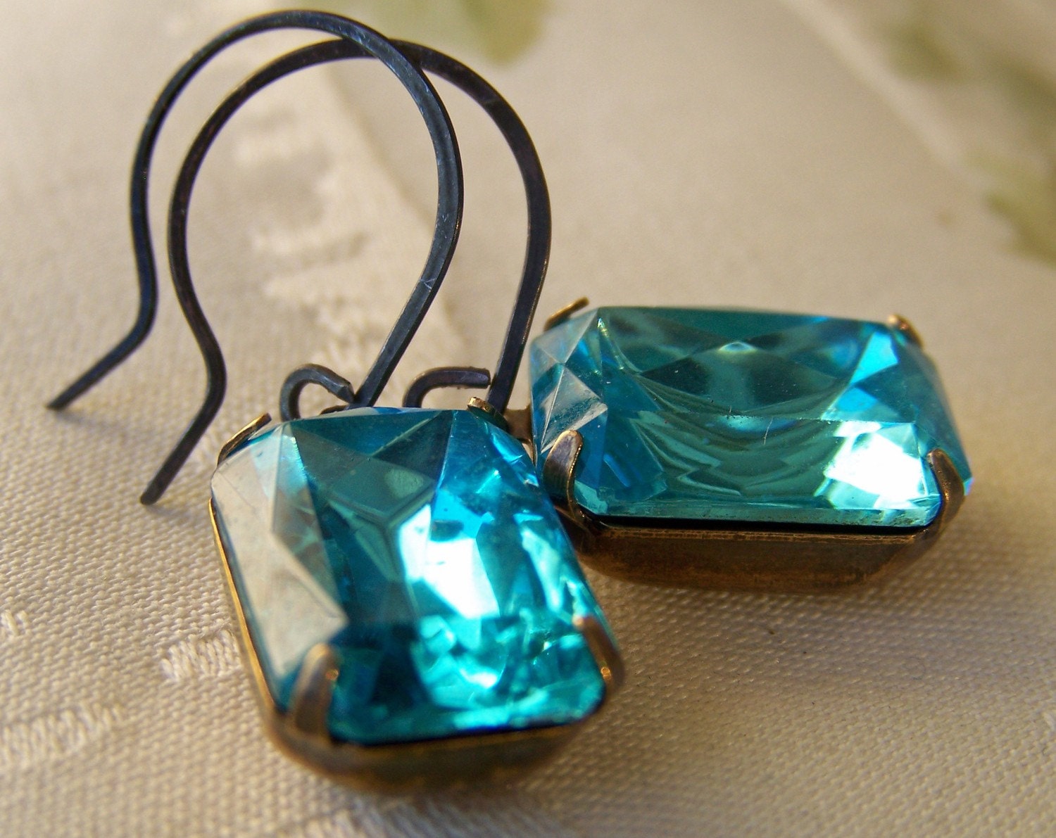Aqua, Vintage Glass Jewel Drop Earrings