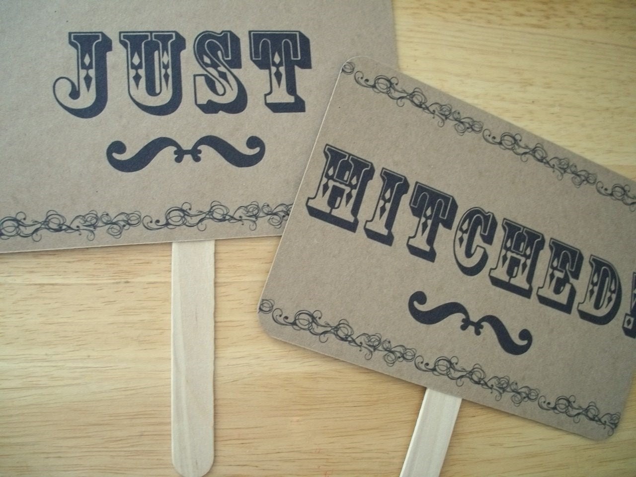 The ORIGINAL NEW- Style A -Just Hitched / Thanks Y'All Double Sided Photo Props on Kraft Paper- Set of 2