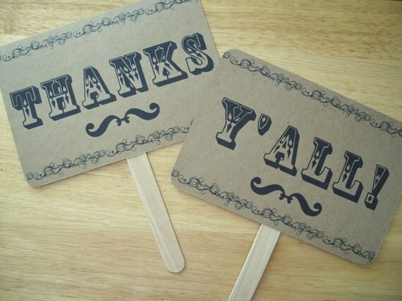 The ORIGINAL NEW- Style A -Just Hitched / Thanks Y'All Double Sided Photo Props on Kraft Paper- Set of 2