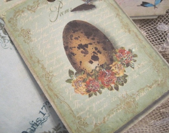 SET OF 9 - Enchanting Vintage French Bird Themed Gift Tags - Parisian - Bird Cage - Nests - Eggs - Butterflies - Glitter - Crinkled Seam Binding - Buy Three Get One Free