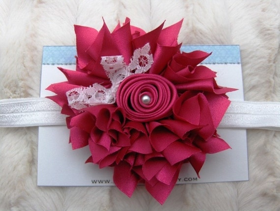 Hot Pink Satin Flower with Lace Bow and Pearl Center on White Elastic Headband Many Colors