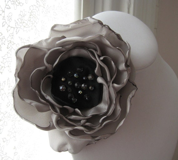 A LITTLE BLACK MAGIC - gray and swarovski fabric flower corsage brooch