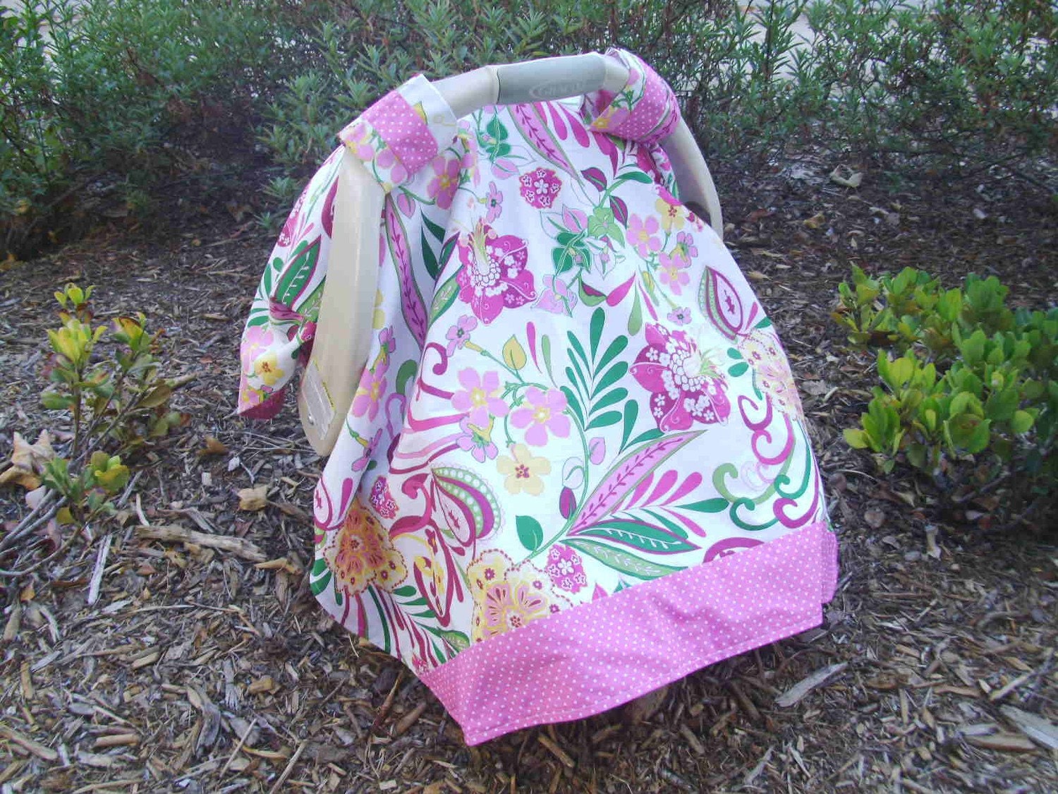 Car Seat Cover/Canopy in a pink, green and yellow floral fabric includes FREE SHIPPING