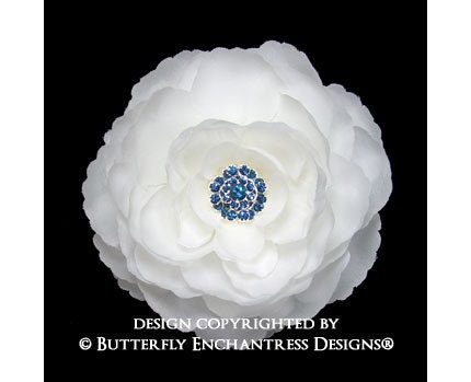 Something Blue Rhinestone Diamond White English Rose Flower Hair Clip
