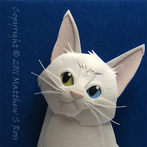 Odd Eyed WHITE Kitten CAT Paper Sculpture ACEO by M Ross