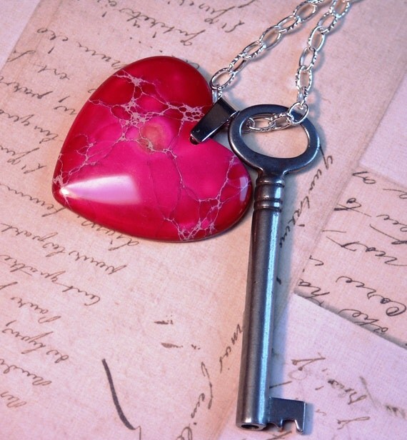 Antique Skeleton Key Necklace-  Red/Pink Mix Variscite Heart Pendant- 24" Chain- Valentines Day - One Of A Kind