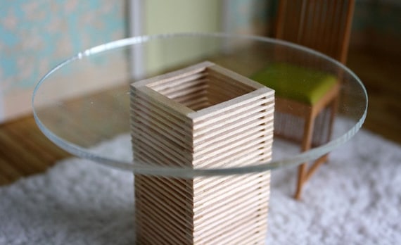 Dollhouse Miniature Modern Zen Wood Pillar Table with Acrylic Top, 1:12 Scale Dollhouse Miniature Furniture