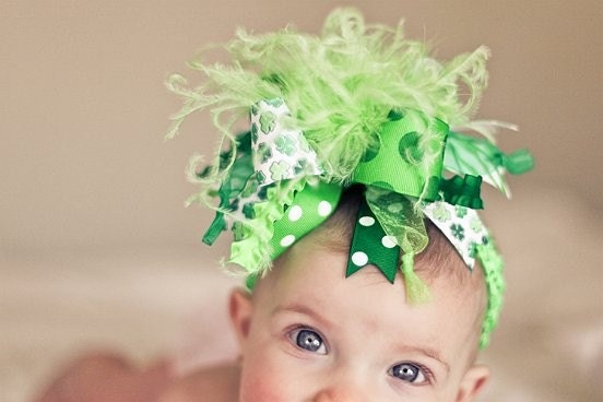 St. Patricks Day Bow with Shamocks Over The Top  Bow on matching Headband Free Shipping On All Addional Items