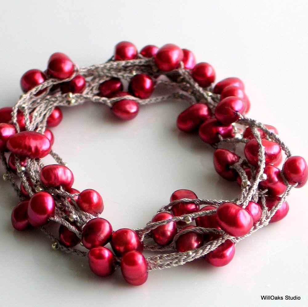 Poppy Red Pearl and Silk Chain