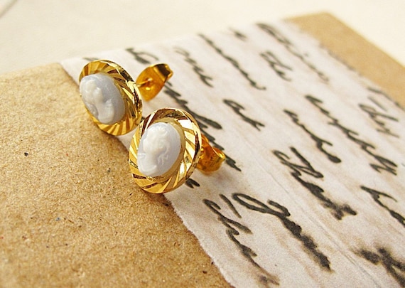 Tiniest Cameo Alice Blue Post Earrings White Oval Victorian Gold Stud