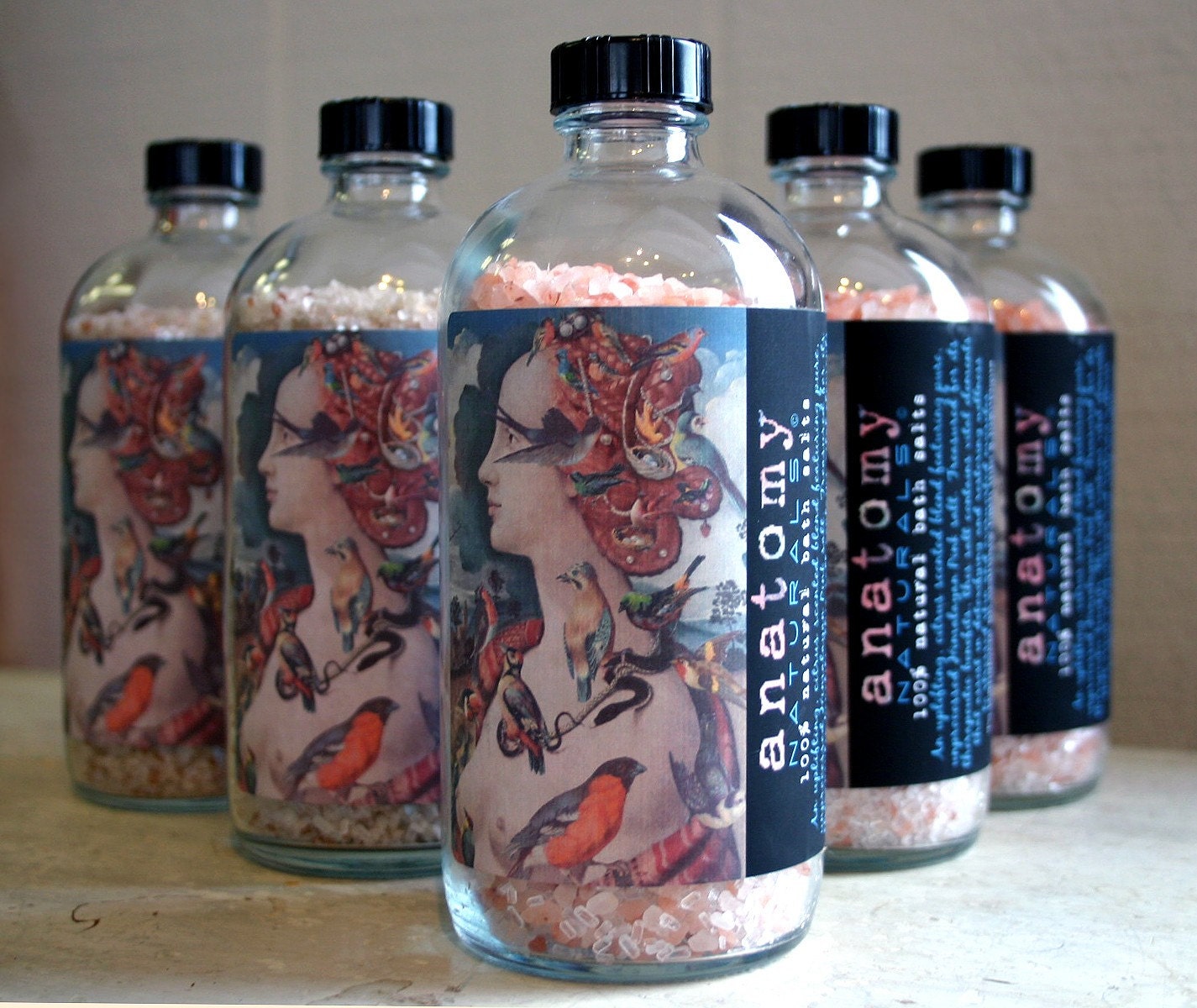 Natural pink bath salts soothing relaxing citrus scent with pretty art collage label