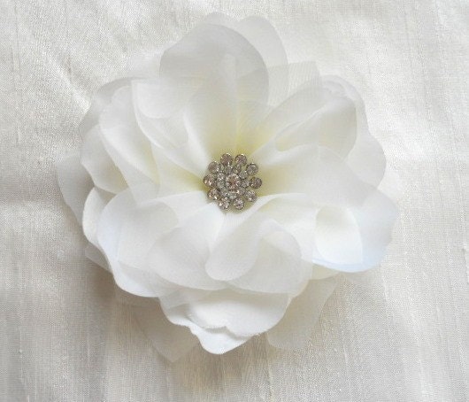 Audrey White or Ivory Bridal Hair Flower with Diamond Rhinestone Center