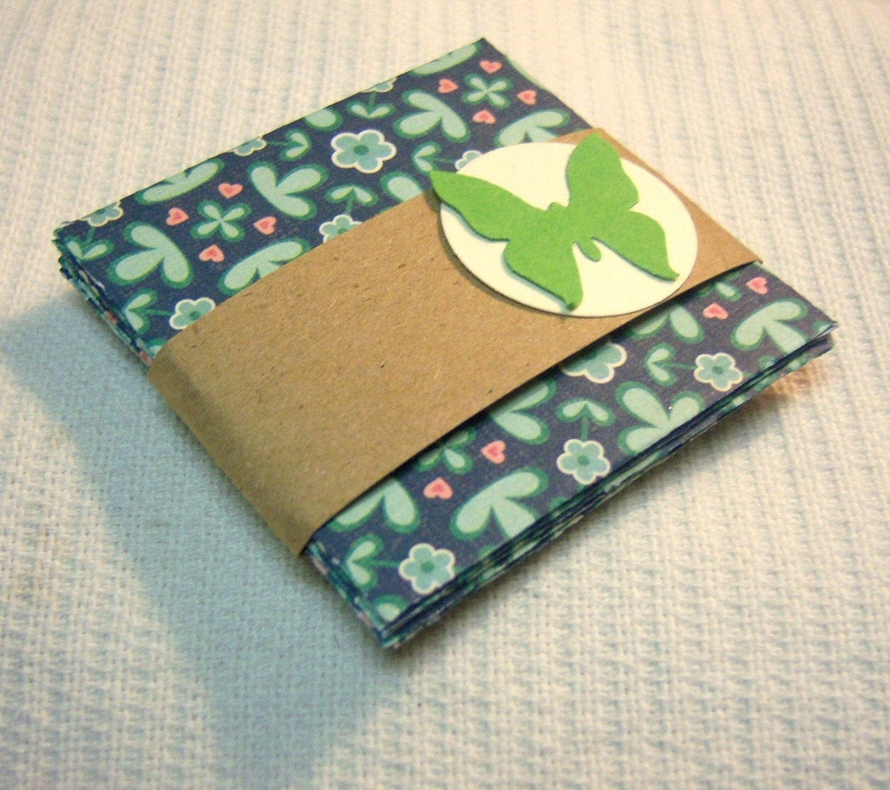 Set of 5 Mini Notecards with Envelopes 2 x 2 Green and Blue with Flowers and Hearts