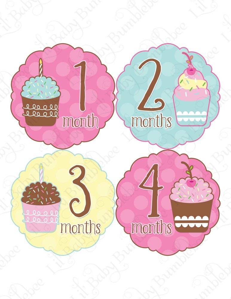 Monthly Onesie Stickers - Amelia - Cute and Whimsical Cupcakes