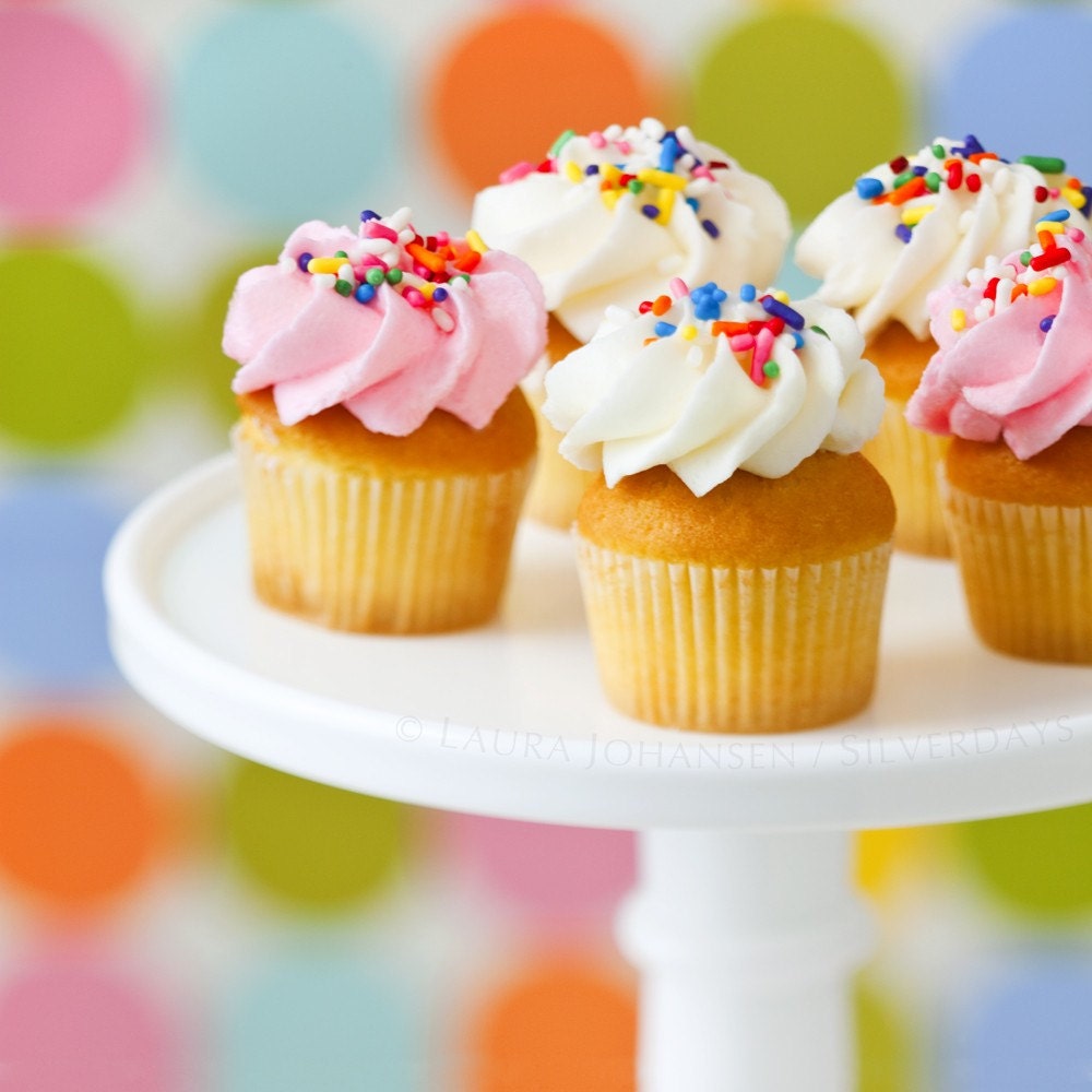 Mini Cupcakes with Swirled Icing and Sprinkles on Cake Stand Square Fine Art Photograph 8x8