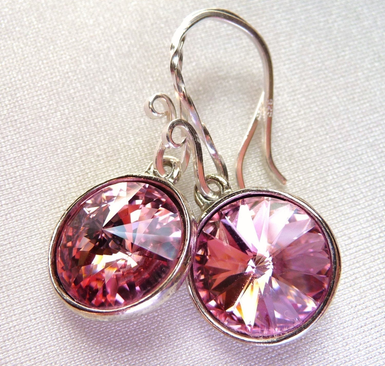 Handmade Swarovski Rose Pink Crystal Briolette Drop Sterling Silver Dangle Earrings