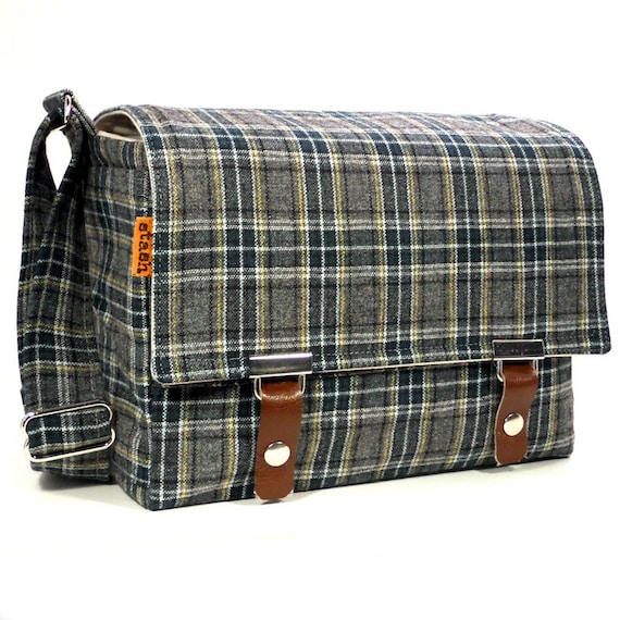 Medium DSLR camera bag with padded insert - gray and green wool plaid