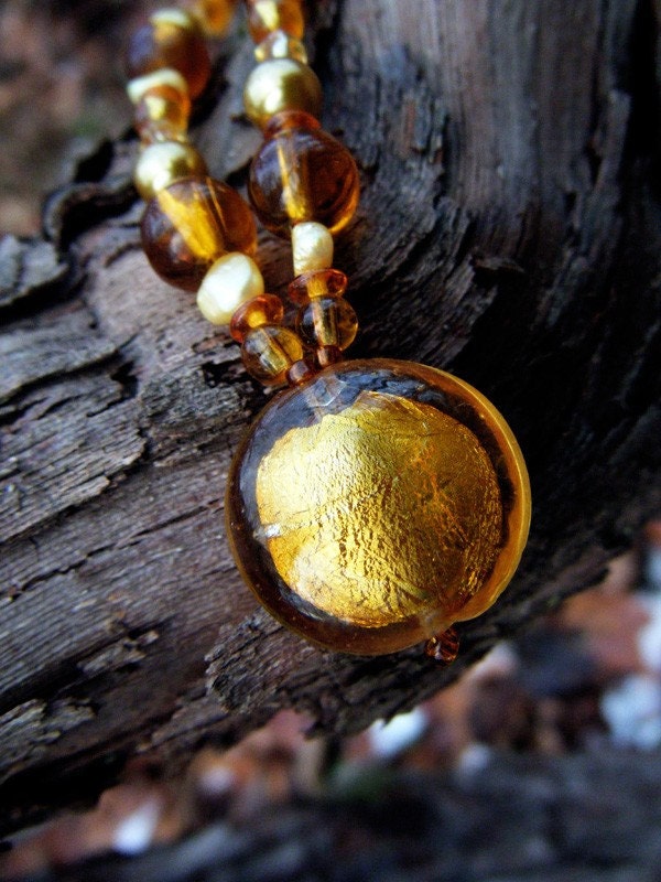 Golden Yellow Glass Beaded Necklace, Lampwork Glass Pendant