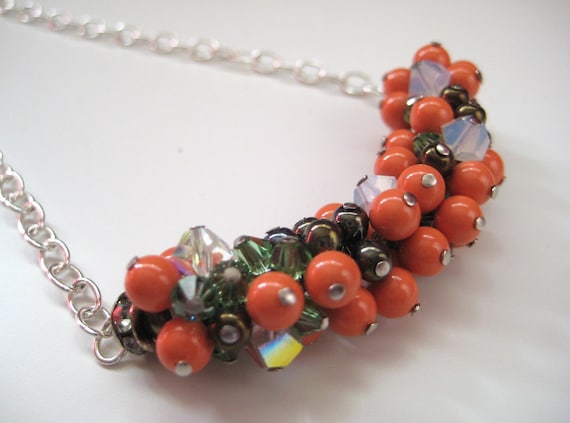 A Coral Pearl & Crystal Grape Handcrafted Beaded Cluster Necklace.