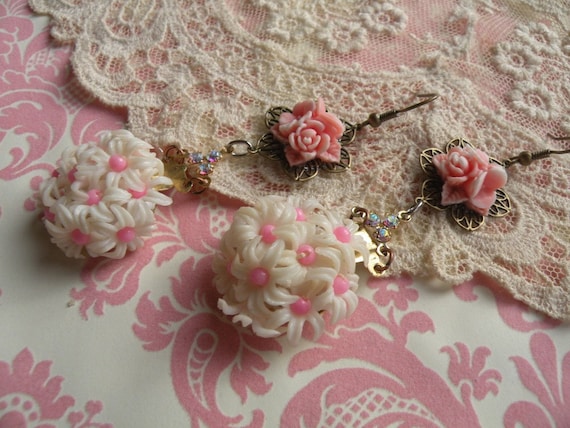 FRILLS shabby old pink flower earrings recycled reclaimed assemblage ooak one of a kind