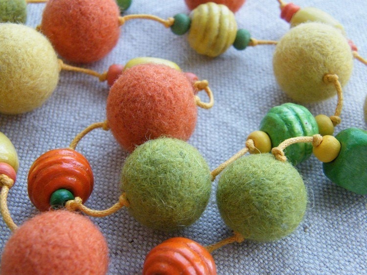 Felt  necklace with wooden beads (merino wool) - orange, yellow, green