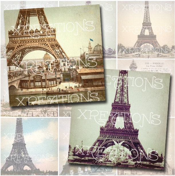 Vintage Eiffel Tower in 2 inches squares - Digital Collage Sheet