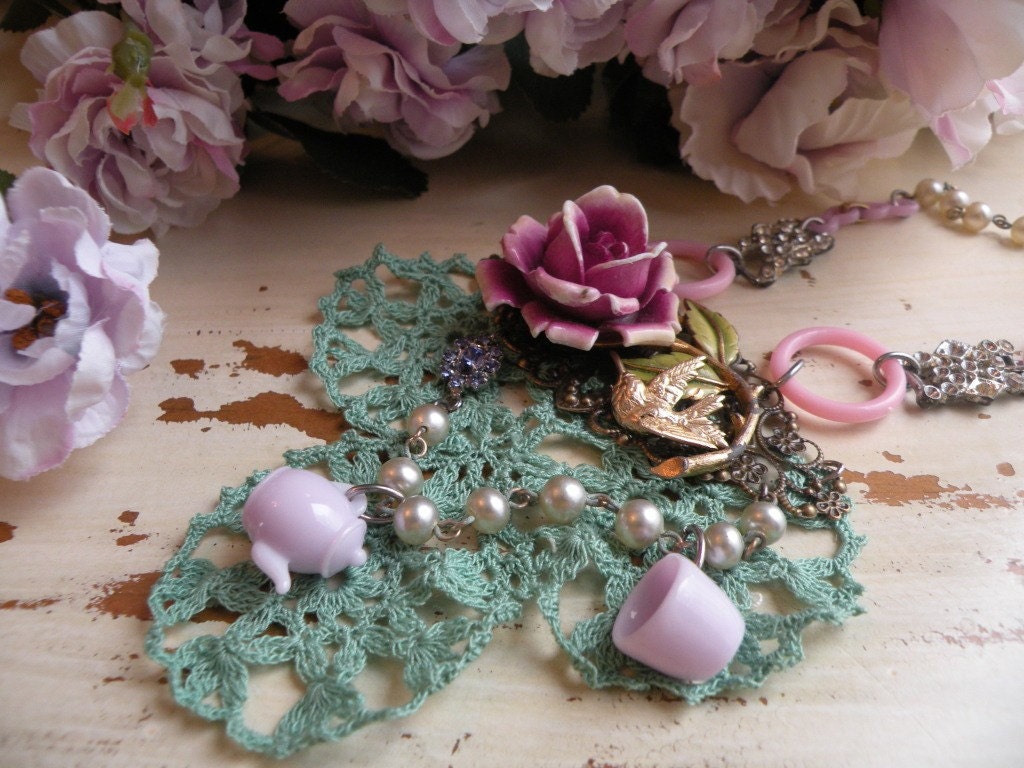 reserved for my bud AFTERNOON TEA shabby rose necklace lilac vintage crochet teapot teacup hummingbird ooak one of a kind spring garden fresh