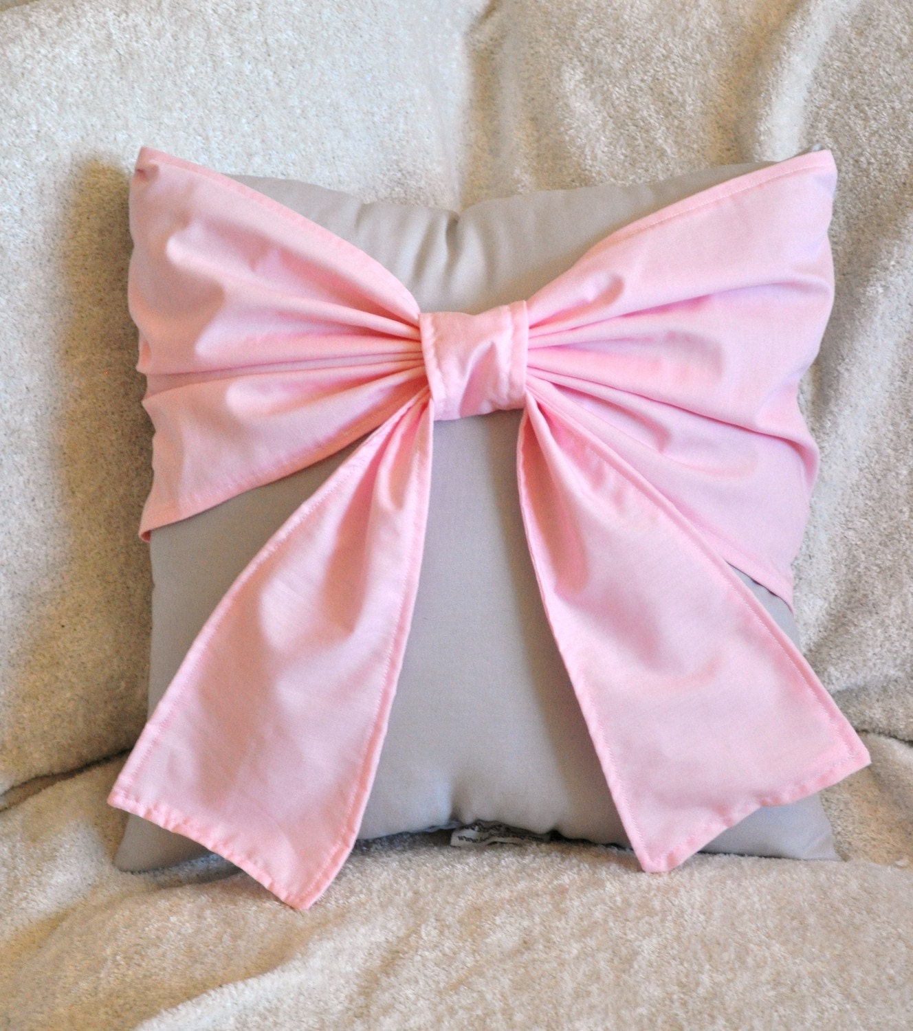 Light Pink Big Bow on Light Gray Pillow 14x14