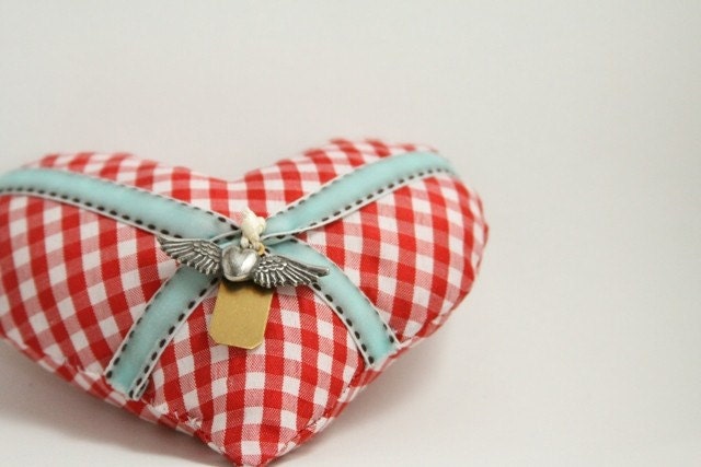Red & white valentine heart with aqua ribbons and charms