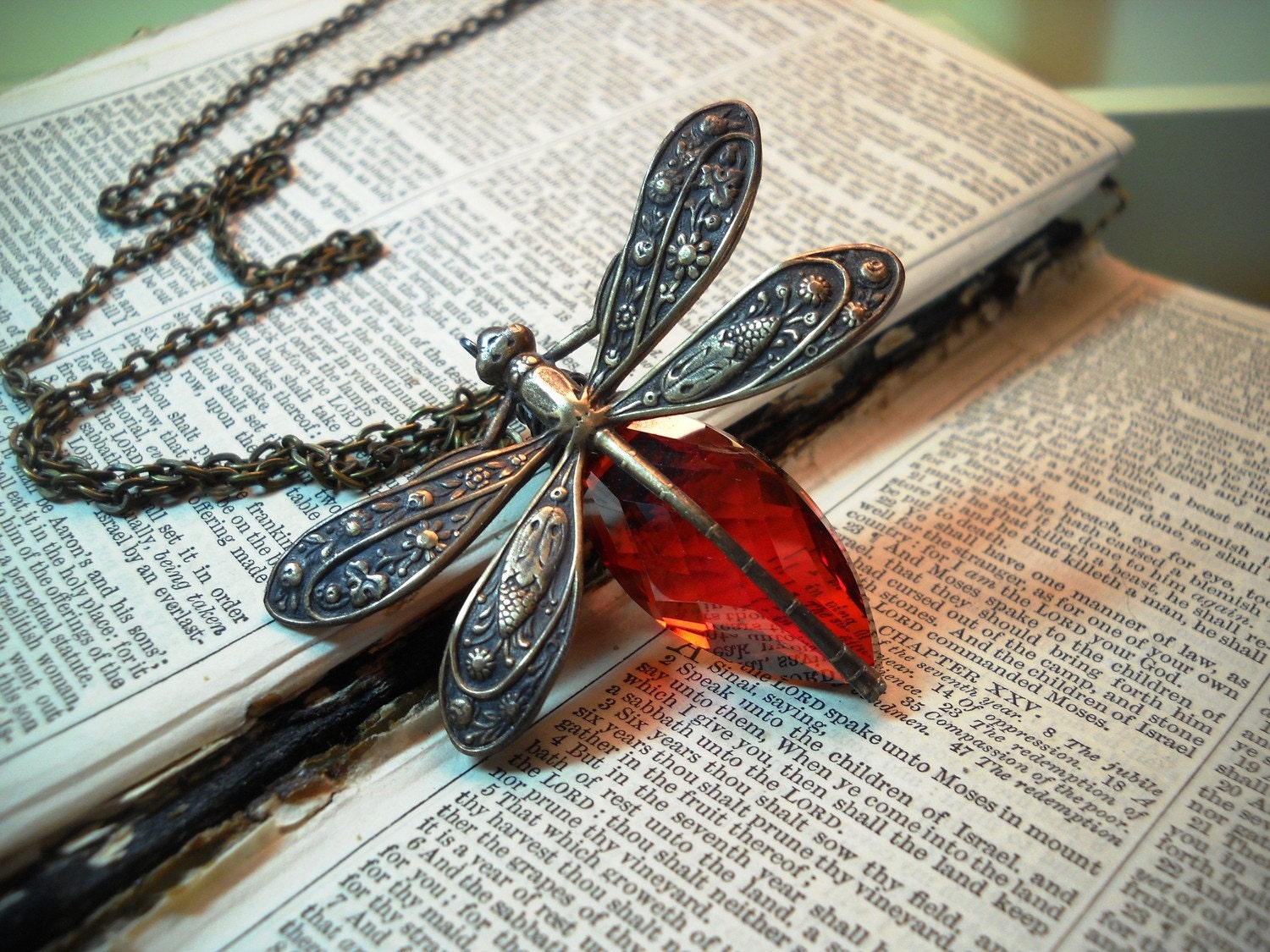 Mystical Dragonfly- Swarovski Magma Crystal Antique Brass Necklace