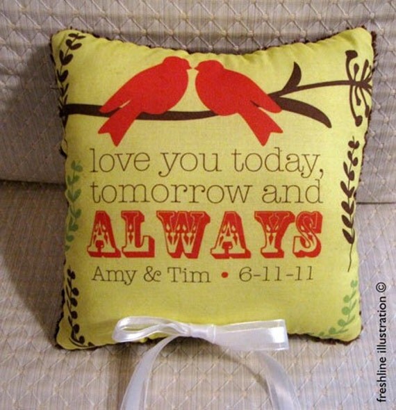 Custom Red Birds on Branches Love You Today, Tomorrow and Always Personalized Wedding Ring Bearer Pillow in Your Wedding Colors