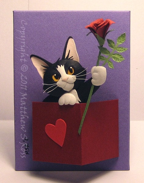 Tuxedo Kitten with a Rose ACEO Valentine's Day Paper Sculpture M Ross