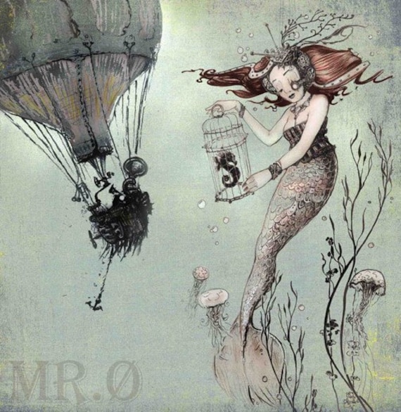 Mermaid Seahorse Print - 7x7 Fine Art PRINT - Steampunk Fairy Tale Illustration