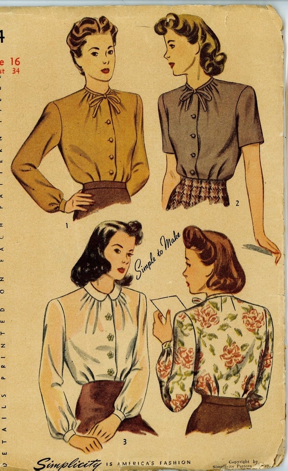 Vintage 1940s Simplicity 4814 Sewing Pattern for Misses Blouse Set, size 32 bust