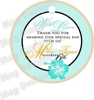 50 Hawaiian Flower 2 inch Round Beach Wedding Thank you tags for gifts, wine bottles, favors