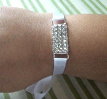 Crystal Rhinestone And White Ribbon Bridal/Special Occasion Bracelet