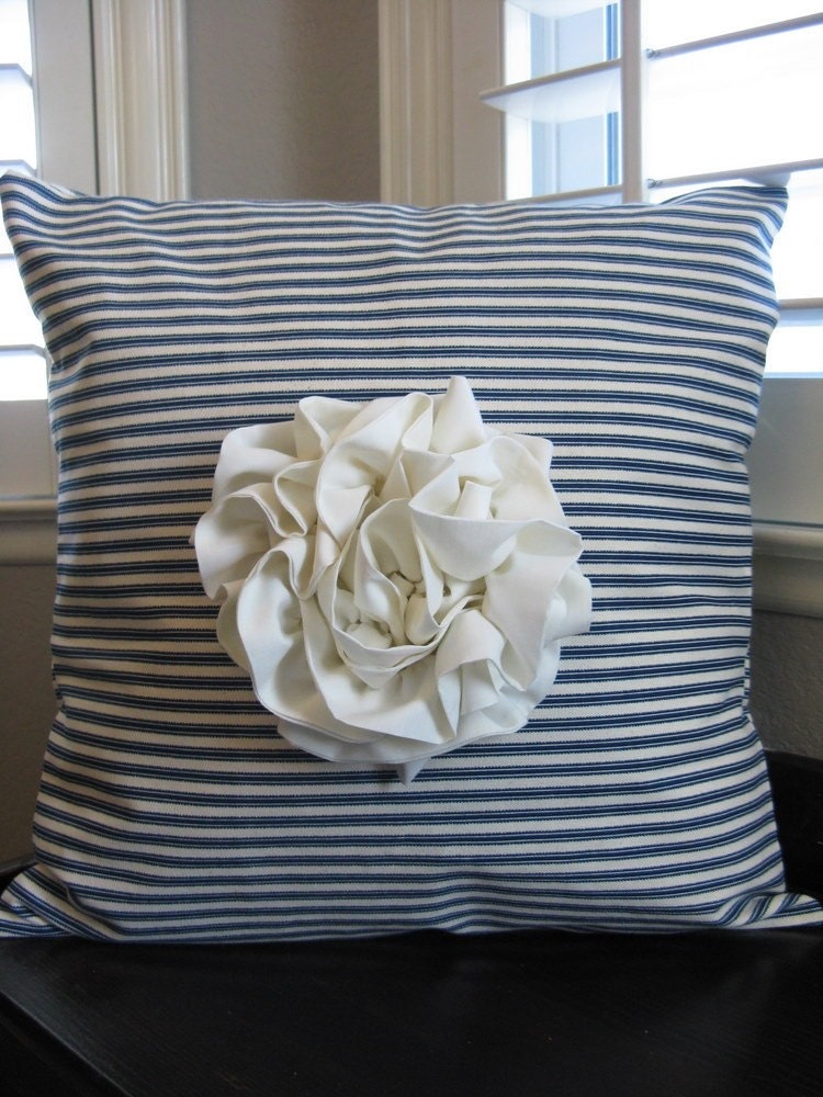 The Olivia - Navy Ticking Cream Ruffled Rosette Pillow Cover - Custom Available