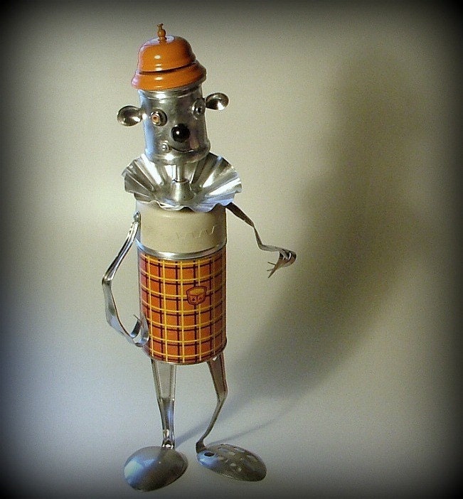 Vintage Thermos Robot Art Sculpture - I Love You More Than Plaid