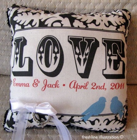Custom Bluebirds with Love phrase Personalized Wedding Ring Bearer Pillow in Your Wedding Color Scheme