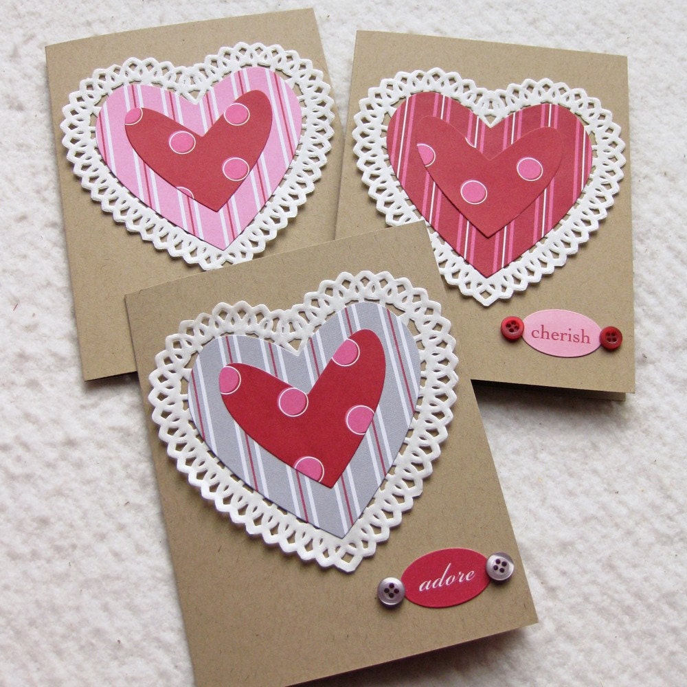 Doily Heart Adore Cherish XOXO Greeting Cards - Set of 3