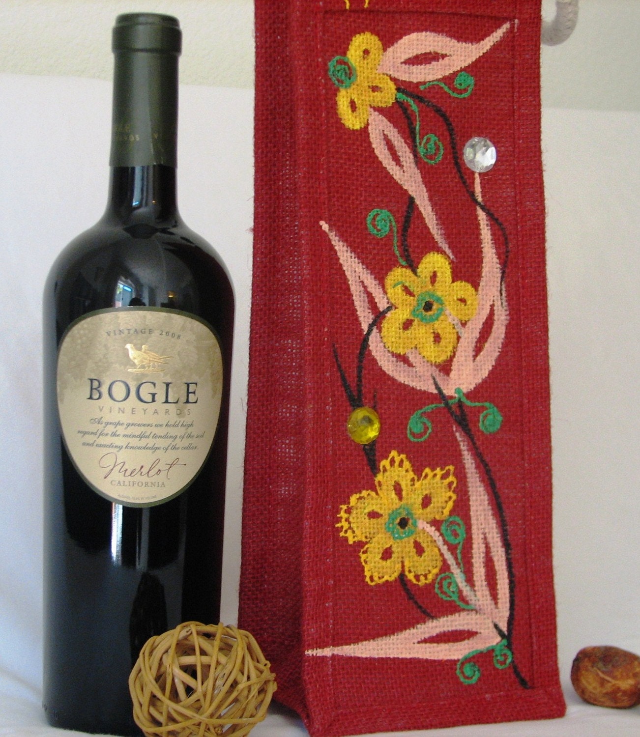 Handpainted Red Jute Wine/Bottle Bag