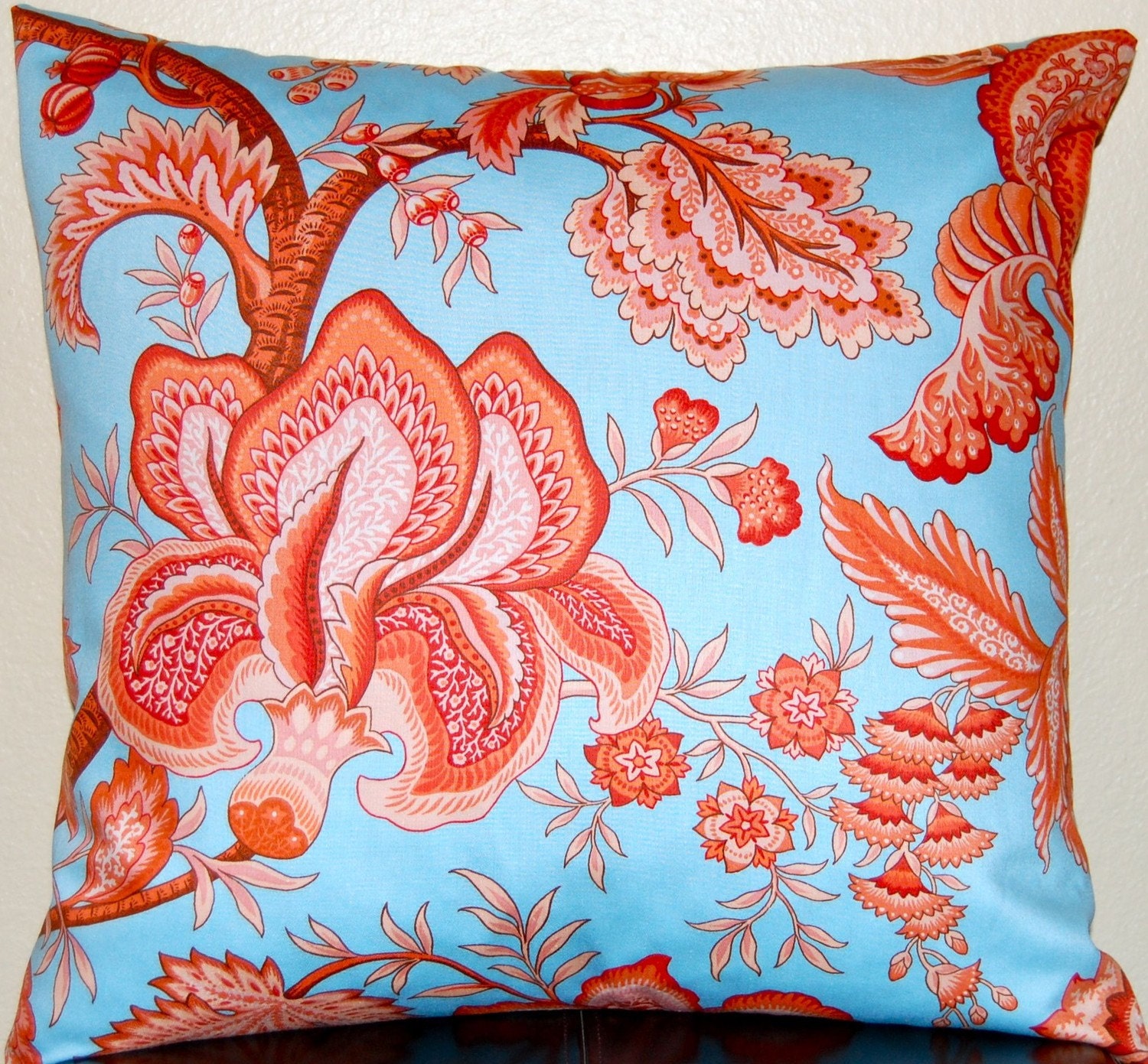 Floral Pillows Blue and Coral Throw Pillow Covers  20 x 20 Inches