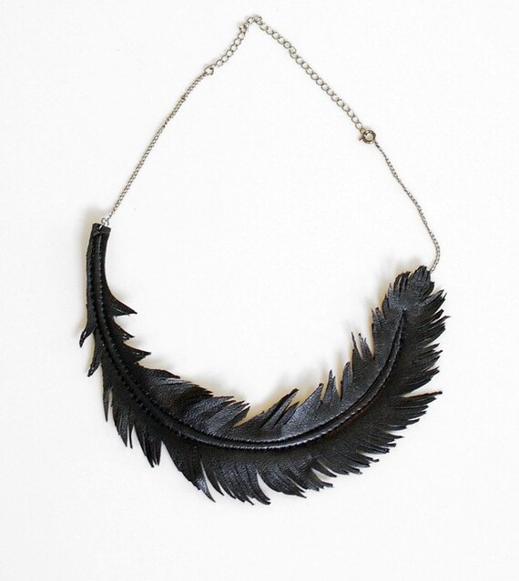 Black Feather Necklace - Black Leather and Gunmetal Chain