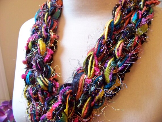 Crochet Scarf - CONFETTI Skinny Pippy Scarf - Black, Hot Pink, Teal, Lemon Yellow, Coral