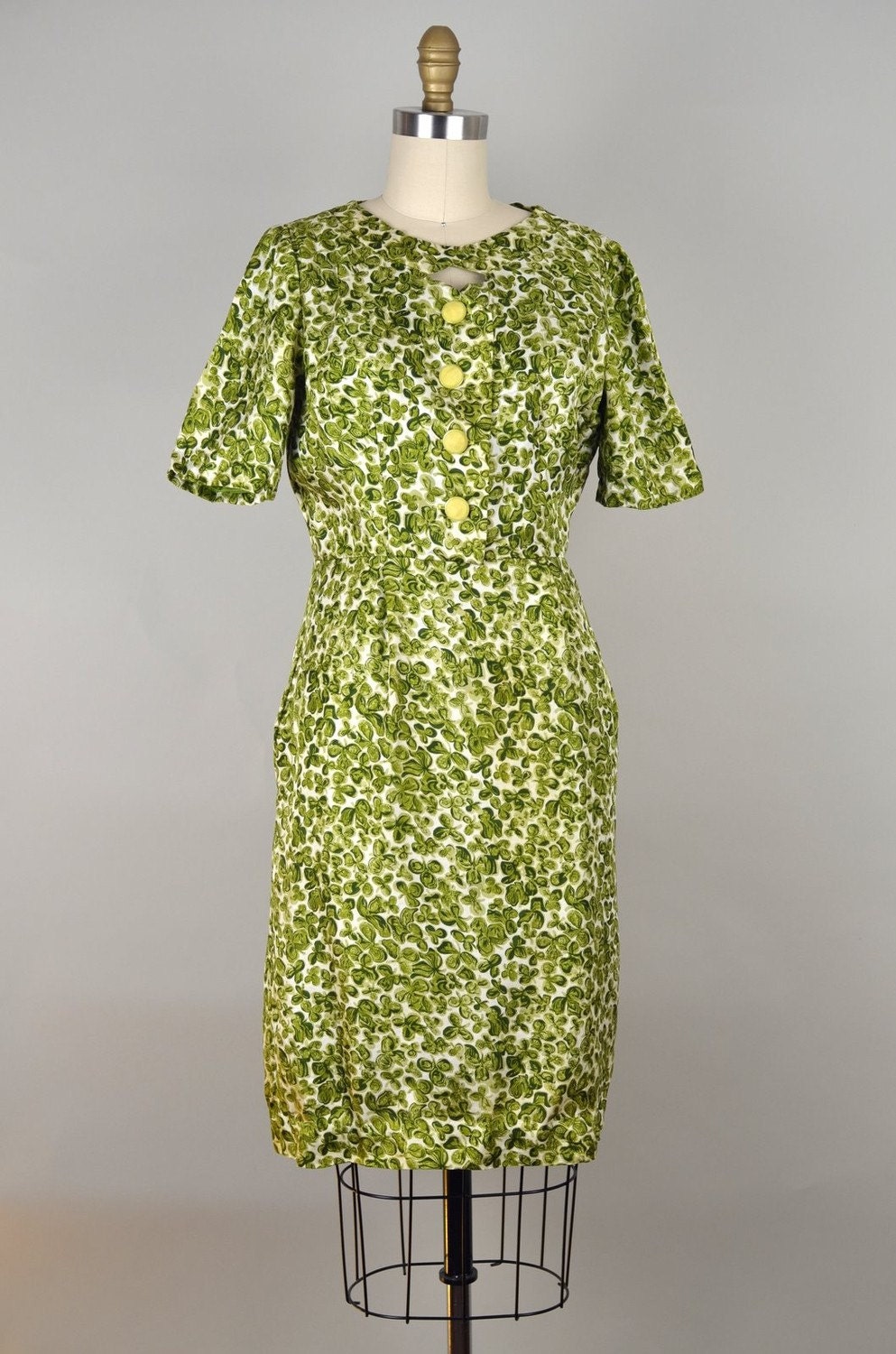 Vintage 1960s Olive Green Clover Pattern Wiggle Dress