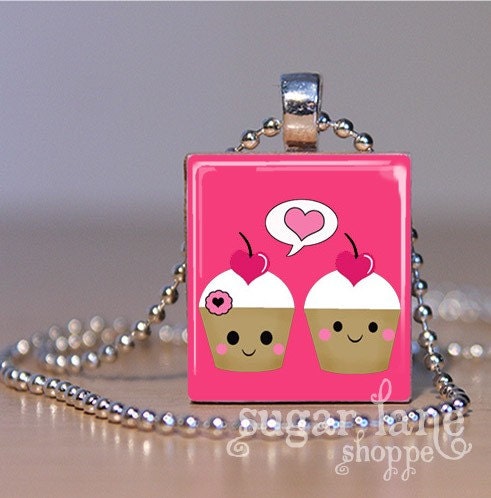 Kawaii Cupcakes in Love (Pink) Scrabble Tile Pendant Necklace with Chain