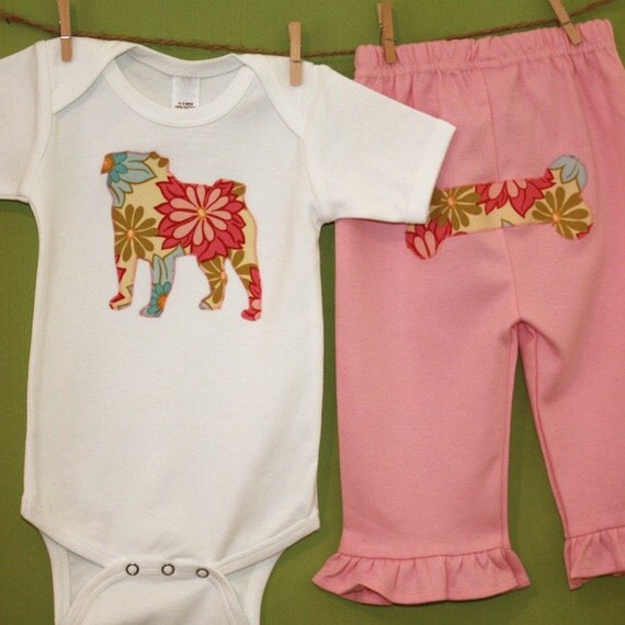Pug bodysuit and pink pant set - You pick the fabric